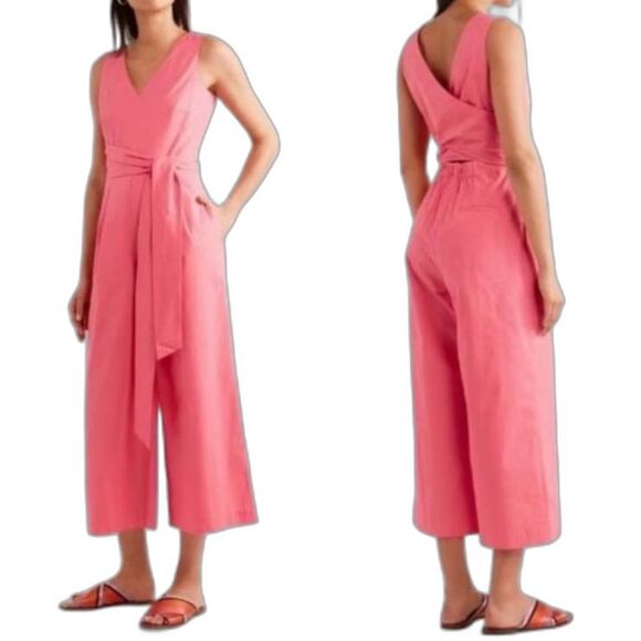 J. Crew Coral Pink Stretch Poplin V-Neck Wrap Tie Cropped Wide Leg Jumpsuit 14 - Picture 1 of 16